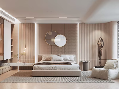 Modern Bedroom Interior Design With Circular Wall Decor Wooden Panels Bed And Sculpture 3d model