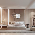 Modern Bedroom Interior Design With Circular Wall Decor Wooden Panels Bed And Sculpture