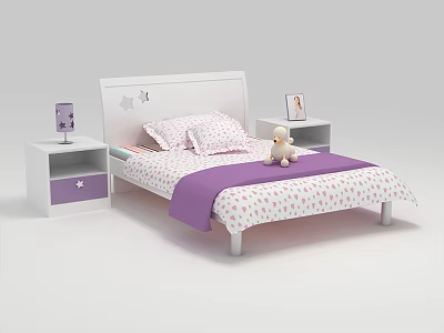 Single Bed Star Patterned Headboard Pink Polka Dot Bedding Purple Blanket Nightstands Lamp Photo Frame 3d model