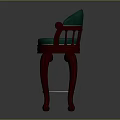 Elegant Bar Stool With Green Leather Seat And Dark Red Wooden Carved Legs