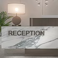Gray Concrete Reception Desk With Engraved RECEPTION Sign Wooden Wall Panels And Green Plant