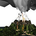 Erupting Volcano Landscape With Flowing Lava Smoke And Green Mountain Slopes Near Ocean