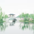 Tranquil Lake Scenery with Willow Trees Bridge Pavilion and Pink Flower Reflections
