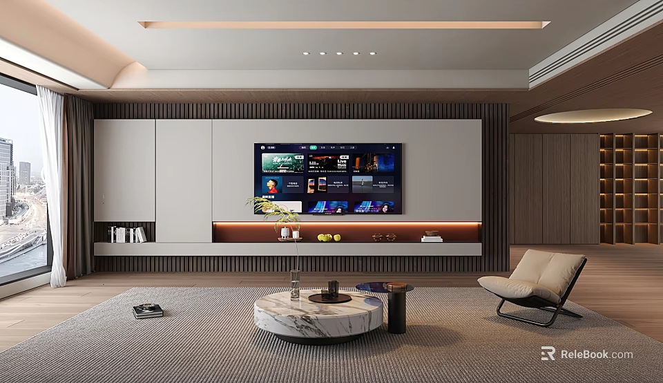 Elegant Living Room Interior With TV Wall Marble Coffee Table Accent Chair And Lighting 3d model 