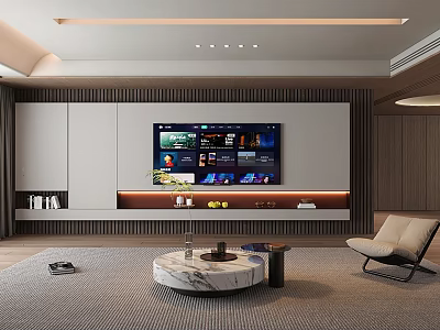 Elegant Living Room Interior With TV Wall Marble Coffee Table Accent Chair And Lighting 3d model