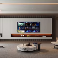 Elegant Living Room Interior With TV Wall Marble Coffee Table Accent Chair And Lighting