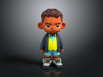 Cute Cartoon Character Figurine With Curly Hair Black Jacket Yellow Vest And Blue Shorts 3d model