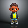 Cute Cartoon Character Figurine With Curly Hair Black Jacket Yellow Vest And Blue Shorts