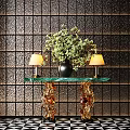 Modern Console Table Green Top Black Vase Plants Table Lamps Amber Legs Grid Wall