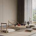 Minimalist Tea Table and Chairs by Window with Green View Tea Set Fruits and Cushions