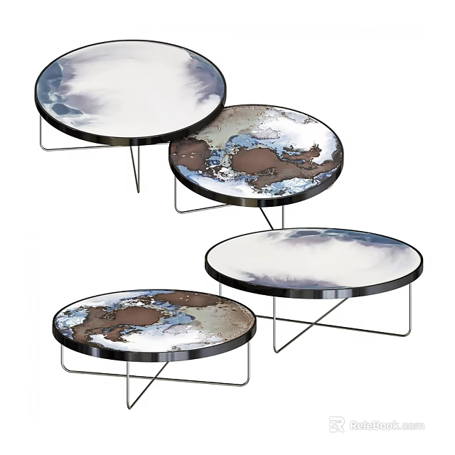 Set of Round Coffee Tables with Artistic Ink Pattern and Metal Frame Design 3d model 