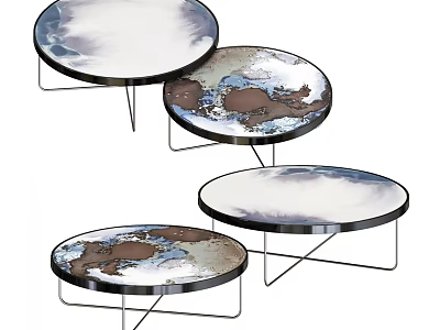 Set of Round Coffee Tables with Artistic Ink Pattern and Metal Frame Design 3d model