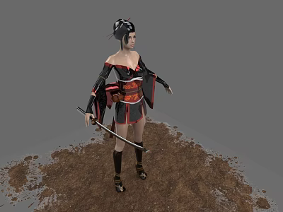 Woman in Traditional Outfit With Black Headdress Holding Sword Standing on Dirt 3d model