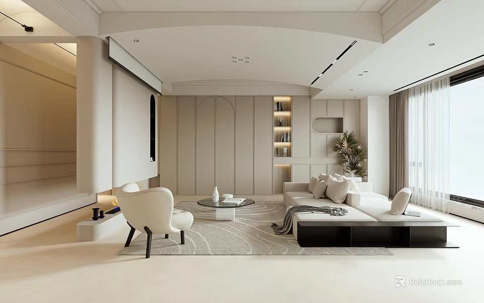 Modern Living Room Interior With Beige Sofa Coffee Table Rug Green Plant And Bookshelf 3d model 