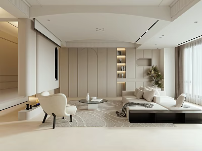 Modern Living Room Interior With Beige Sofa Coffee Table Rug Green Plant And Bookshelf 3d model