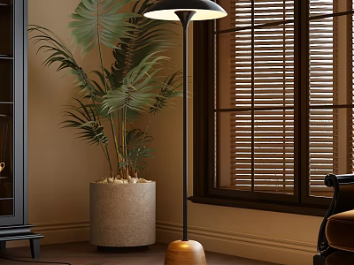 Elegant Floor Lamp With Green Plant In Light Pot By Window Blinds In Cozy Interior 3d model