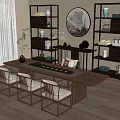 Traditional Chinese Interior With Long Wooden Table Chairs Decorative Shelves Round Painting And Potted Plant