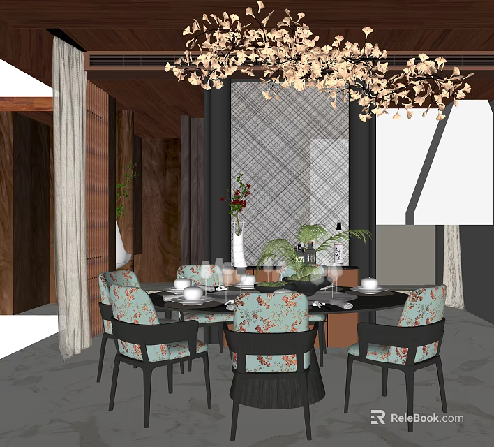 Luxurious Private Dining Room With Round Dining Table Floral Upholstered Chairs And Crystal Chandelier 3d model 