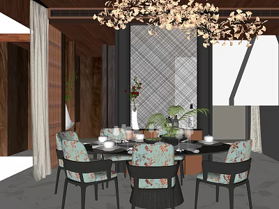 Luxurious Private Dining Room With Round Dining Table Floral Upholstered Chairs And Crystal Chandelier 3d model