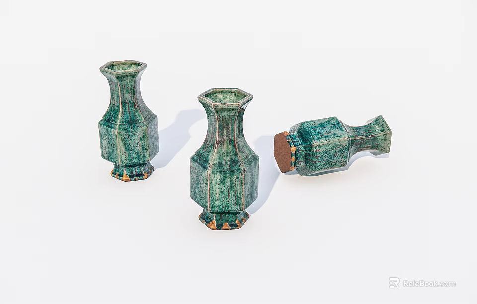 Green Hexagonal Ceramic Vases With Distressed Textured Bases For Home Decor 3d model 