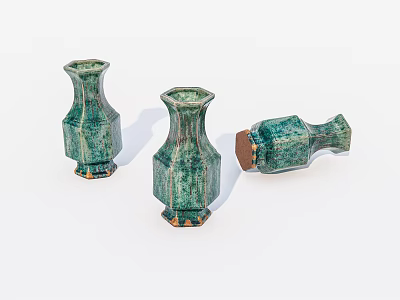 Green Hexagonal Ceramic Vases With Distressed Textured Bases For Home Decor 3d model