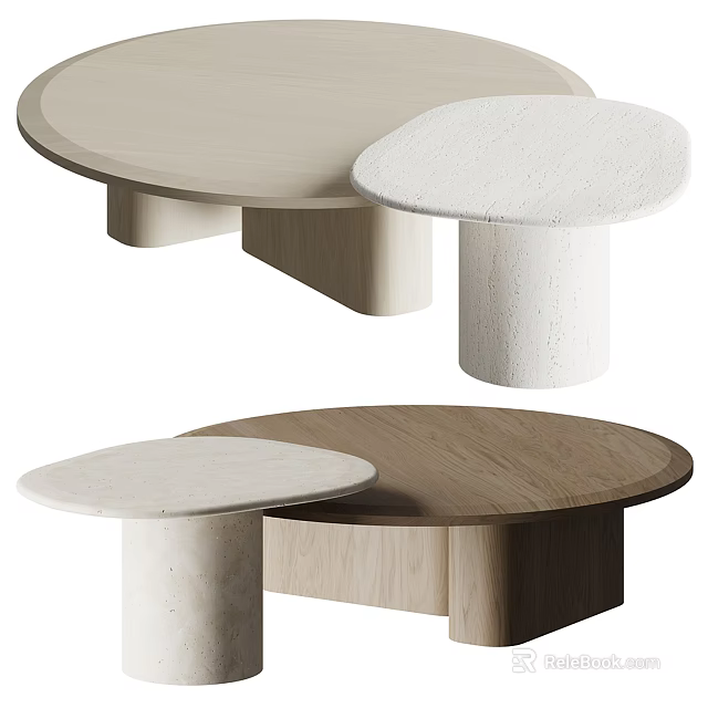 Modern Round Coffee Tables Featuring Smooth Wooden And Textured Stone Surfaces In Stylish Design 3d model 