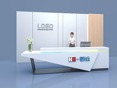 Modern Exhibition Reception Desk With White Wall Logo Staff Flower Vase And Computer 3d model