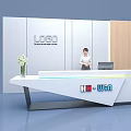 Modern Exhibition Reception Desk With White Wall Logo Staff Flower Vase And Computer