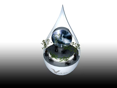 Water Drop Shaped Decorative Installation With Central Sphere And Small Plants 3d model