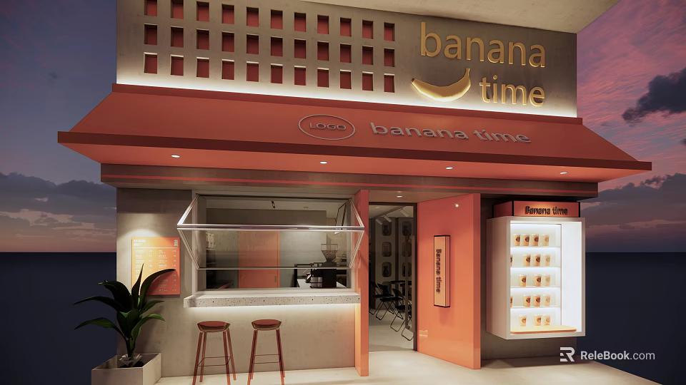 Banana Time Storefront with Red Awning Golden Signage Grid Pattern Bar Counter and Stools 3d model 