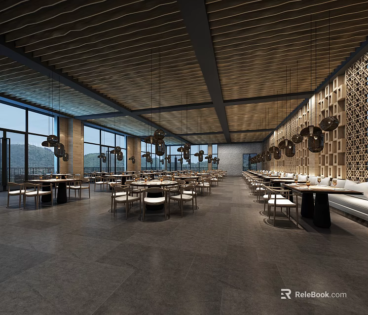 Spacious Modern Restaurant Interior With Wooden Ceiling Pendant Lights Perforated Wall Panels And Large Windows 3d model 