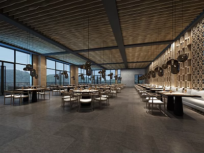 Spacious Modern Restaurant Interior With Wooden Ceiling Pendant Lights Perforated Wall Panels And Large Windows 3d model