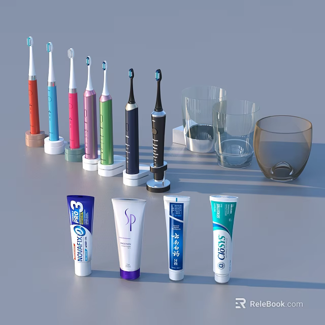 Assorted Oral Care Products Including Electric Toothbrushes Toothpaste And Glass Cups 3d model 