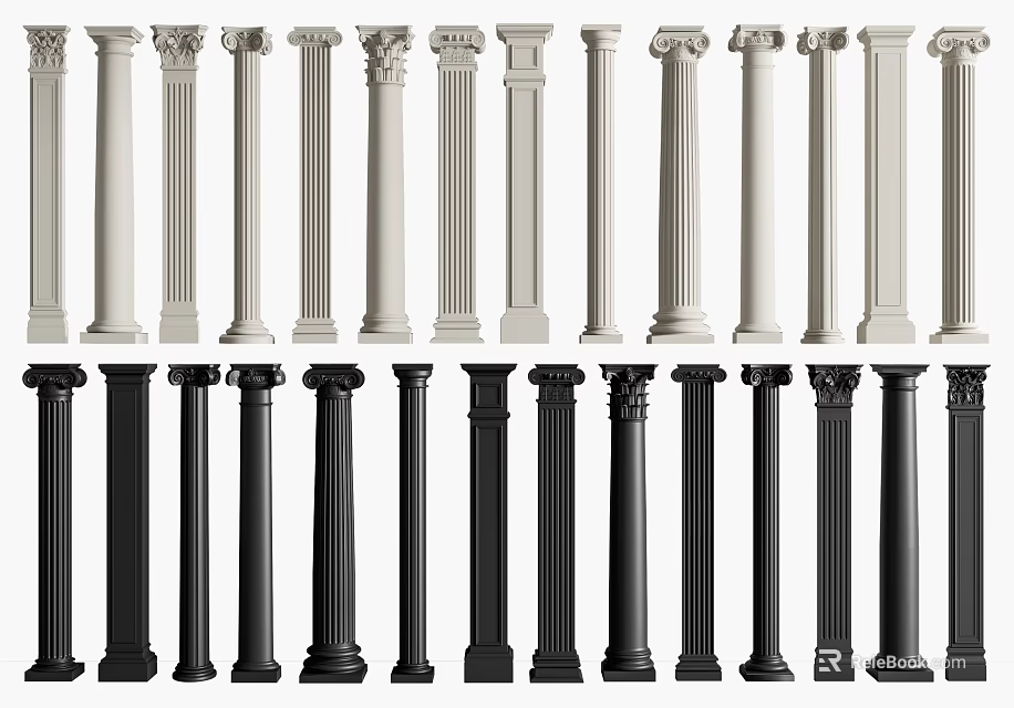 Classic And Modern Columns With White Black Designs For Interior Architecture 3d model 
