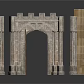 Castle Style Stone Architectural Components With Archway Pillars And Open Door Design