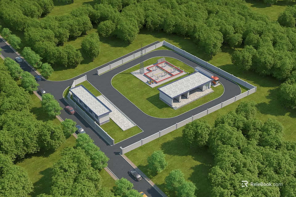 Industrial Factory Facility With Modern Warehouse Building Surrounded by Green Trees and Access Road 3d model 