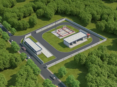Industrial Factory Facility With Modern Warehouse Building Surrounded by Green Trees and Access Road 3d model