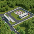 Industrial Factory Facility With Modern Warehouse Building Surrounded by Green Trees and Access Road