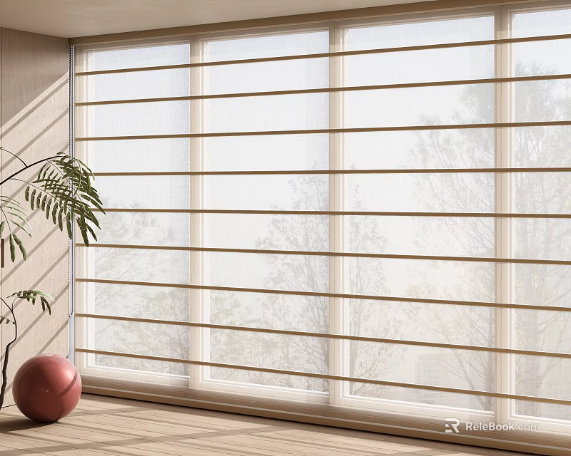 Light Filtering Horizontal Blinds For Large Window With Indoor Plant Tree View And Wooden Floor 3d model 