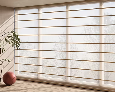 Light Filtering Horizontal Blinds For Large Window With Indoor Plant Tree View And Wooden Floor 3d model