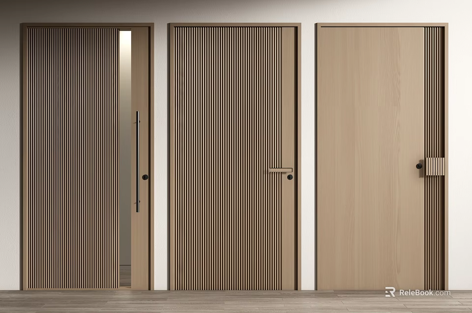 Light Wood Swing Doors With Vertical Stripes Minimalist Design And Modern Door Handles 3d model 