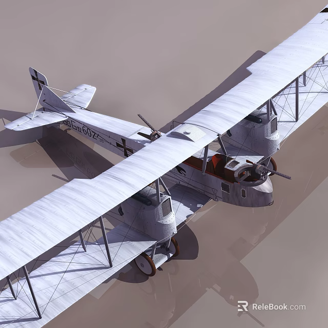 Vintage White Biplane With Double Wings And Propellers Military Insignia 3d model 
