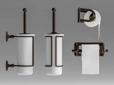 Modern Bathroom Accessories Collection With Bronze Hardware Toothbrush Holders And Toilet Paper Roll 3d model