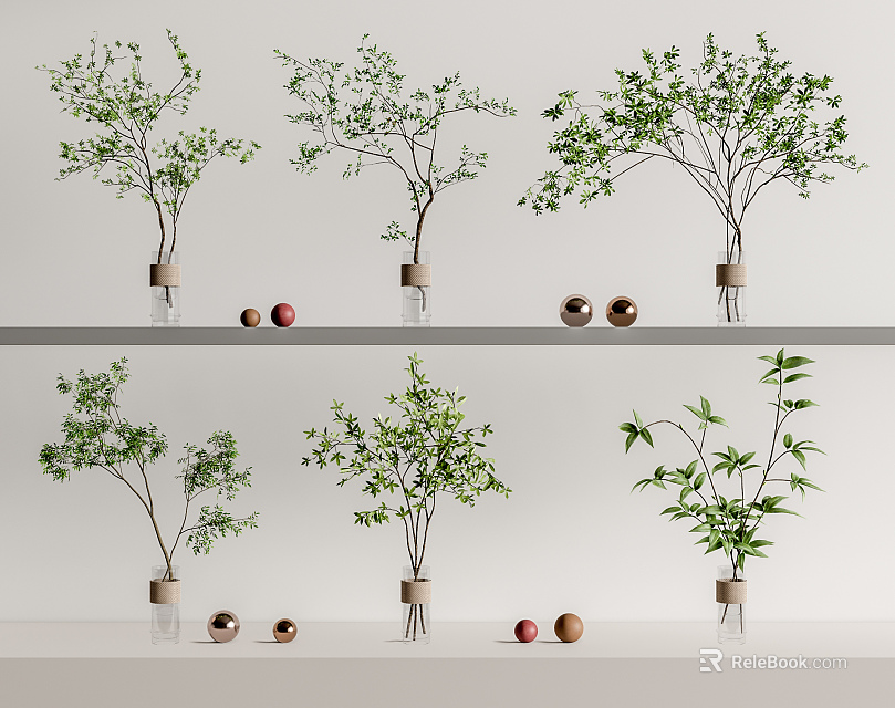 Multiple Glass Vases With Green Plants Displayed On Shelves And Red Gold Decorative Balls 3d model 