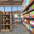 Convenience Store Interior With Checkout Counter Shelves Filled With Products And Windows Showing Exterior View