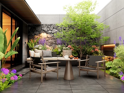 Modern Villa Courtyard Garden Patio Courtyard Outdoor Table and Chair Flowers Flower Pond Flower Groove Landscape Sketch Landscape Landscaping Shrubs model