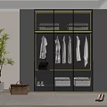 Modern Wardrobe Interior With Glass Doors Hanging Clothes And Potted Plant