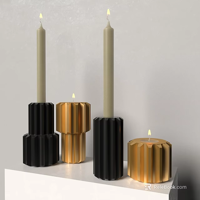 Geometric Black And Gold Candle Holders Decorative Ornament Set With Lit Candles 3d model 