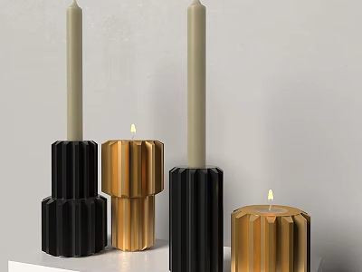 Geometric Black And Gold Candle Holders Decorative Ornament Set With Lit Candles 3d model