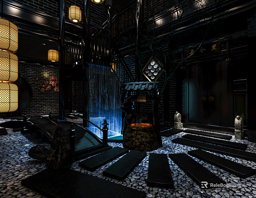 Chinese Style KTV Lobby With Traditional Lanterns Wooden Structure Water Feature And Stone Path 3d model 